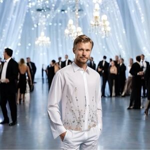 Men Shirt BROOKLYN EXPRESS Button Up Long Sleeve White Floral Embroidered Shirt